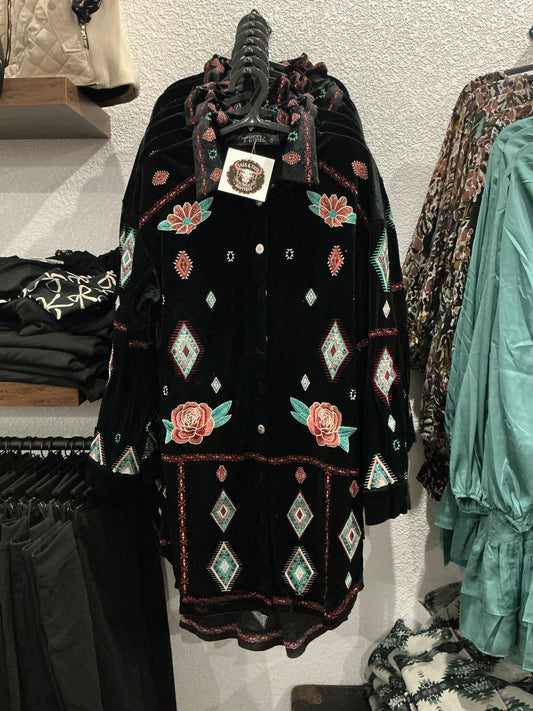 Black Velvet Button Down Floral Aztec Embroidered Detail Long Sleeve Dress