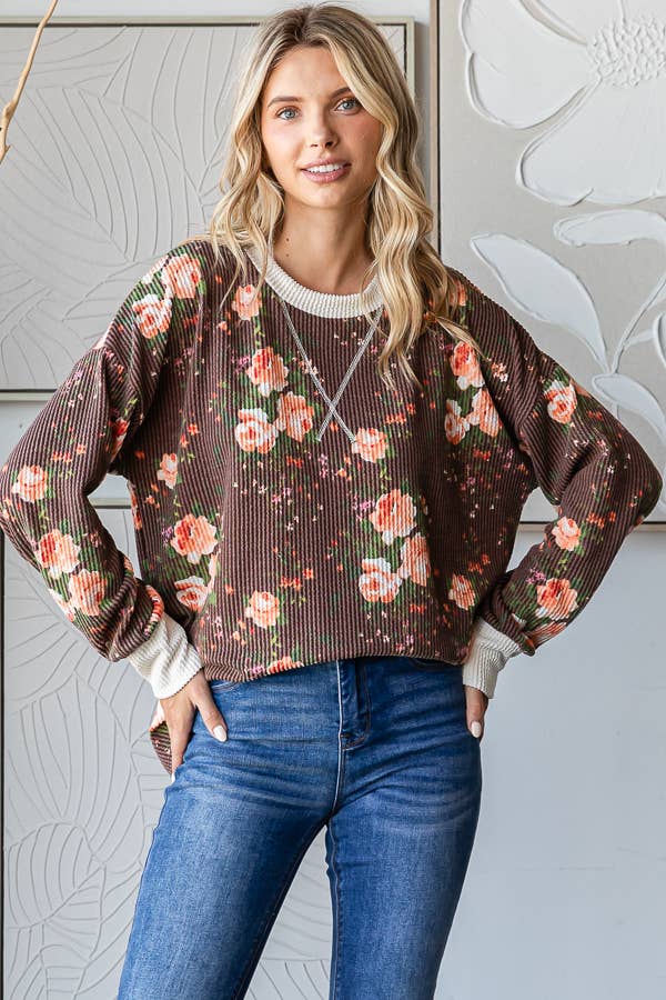 Cozy Floral Rib Drop Shoulder V-Stitch Pullover Top T5699