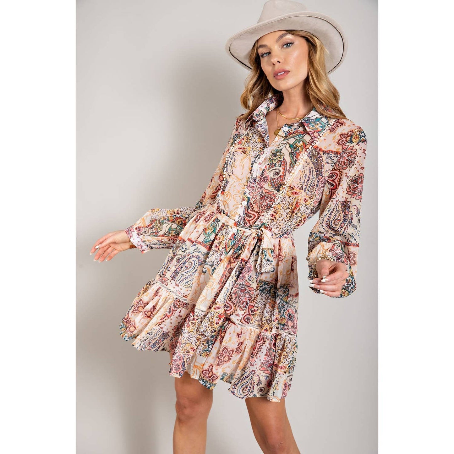 FLOWER PRINT LONG SLEEVE SHIRT DRESS