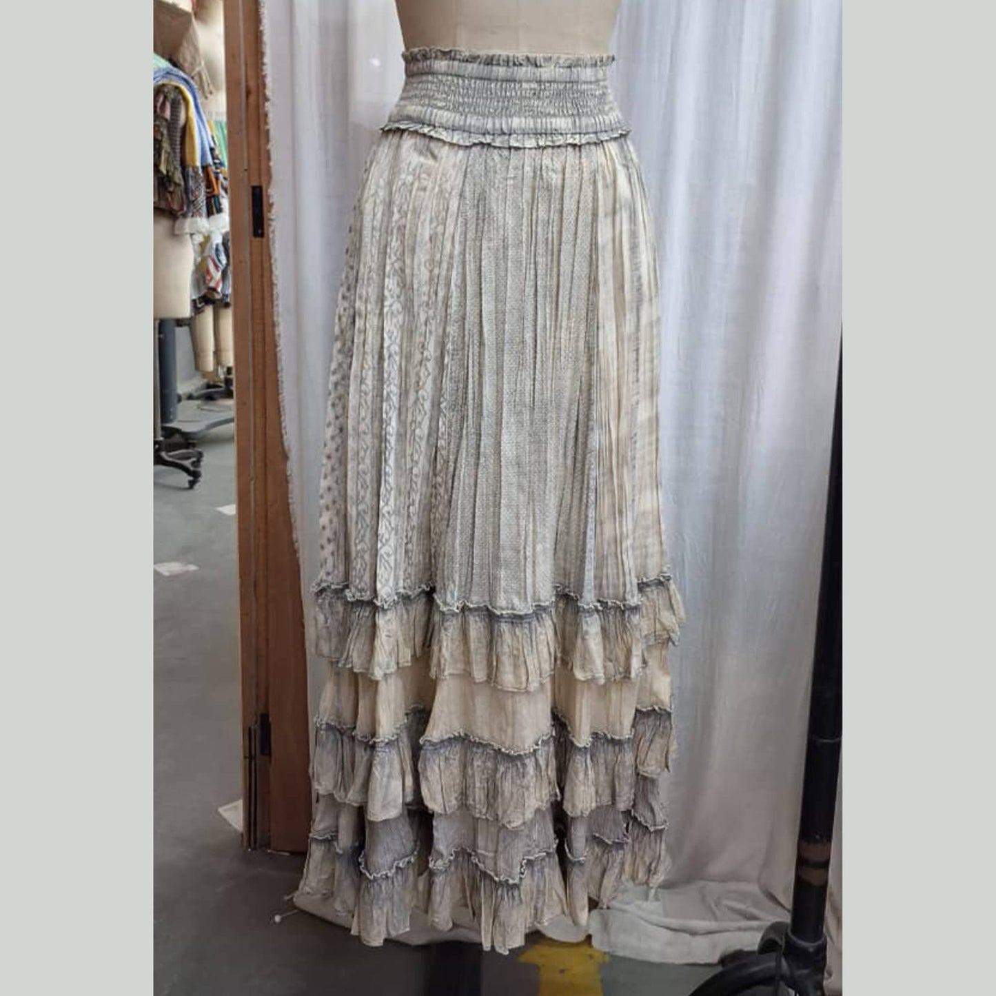 Rustic Textured Smocked Waist Ruffled Tiered Maxi Skirt