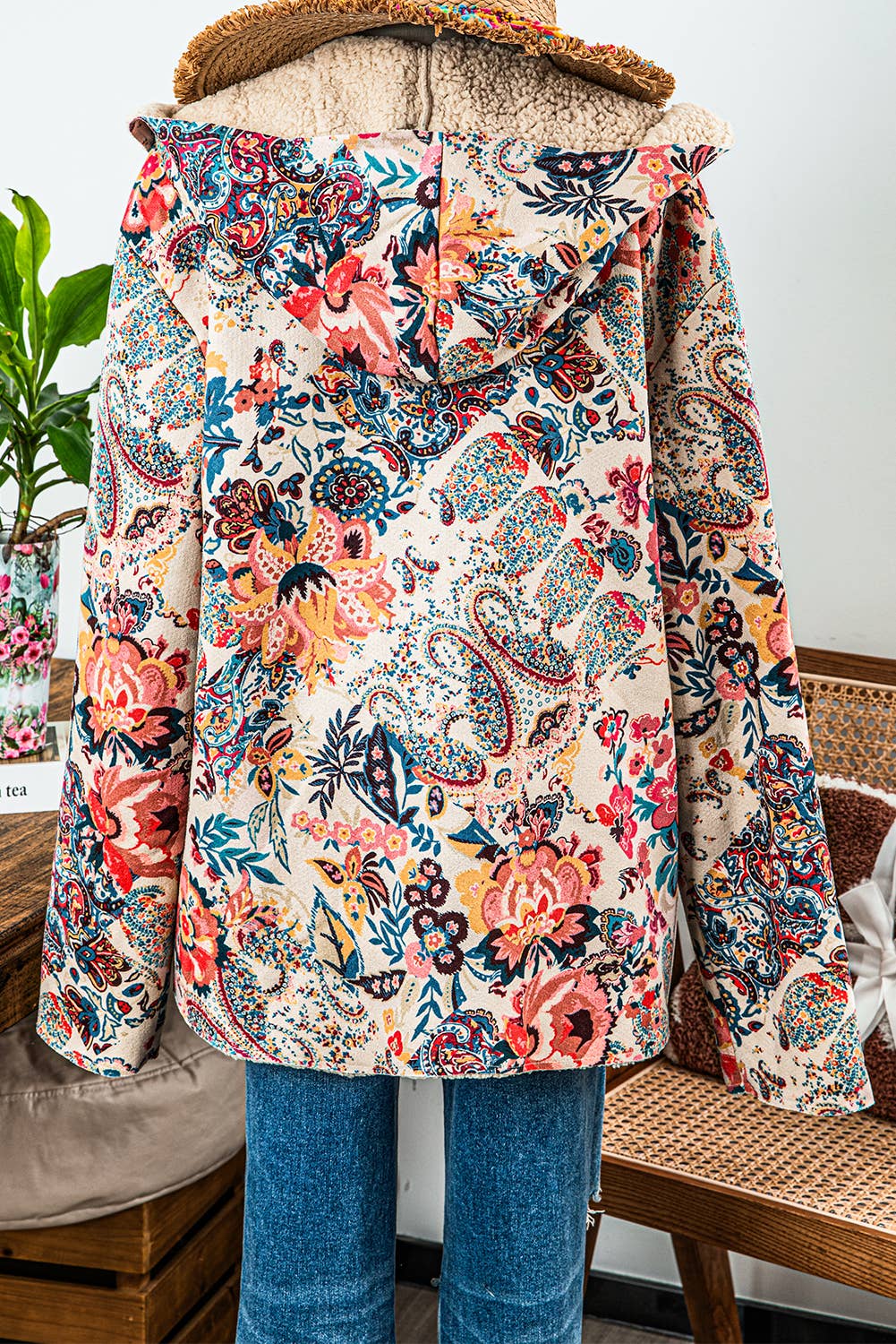 Fashion-W Vintage Paisley Floral Sherpa Lined Hooded Jacket