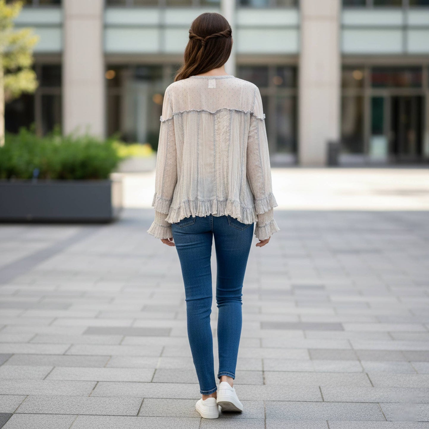 Dreamy Sheer V-Neck Ruffled Button-Front Top