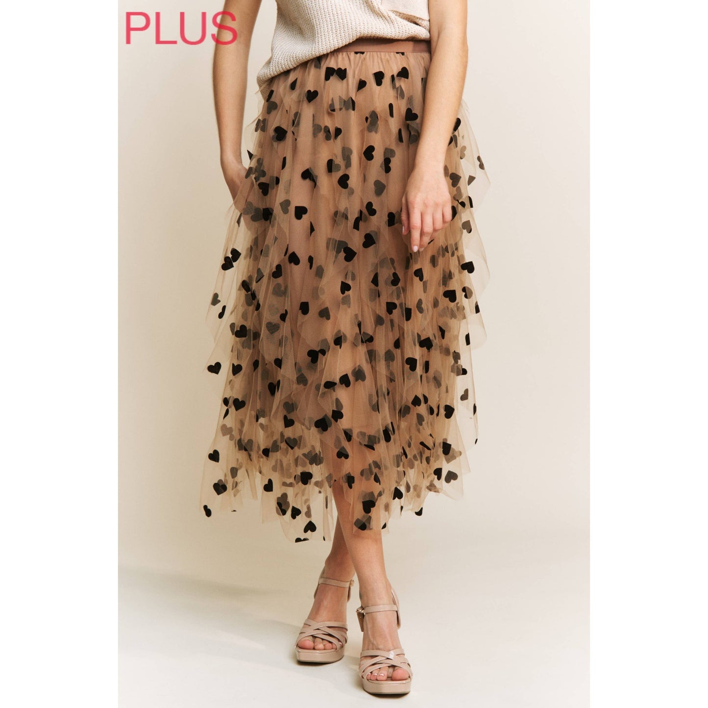 PLUS HEART VELVET FLOCKING MESH LAYERED MIDI SKIRT