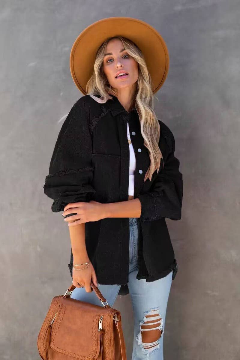 Loose raw edge patchwork pocket denim shirt jacket