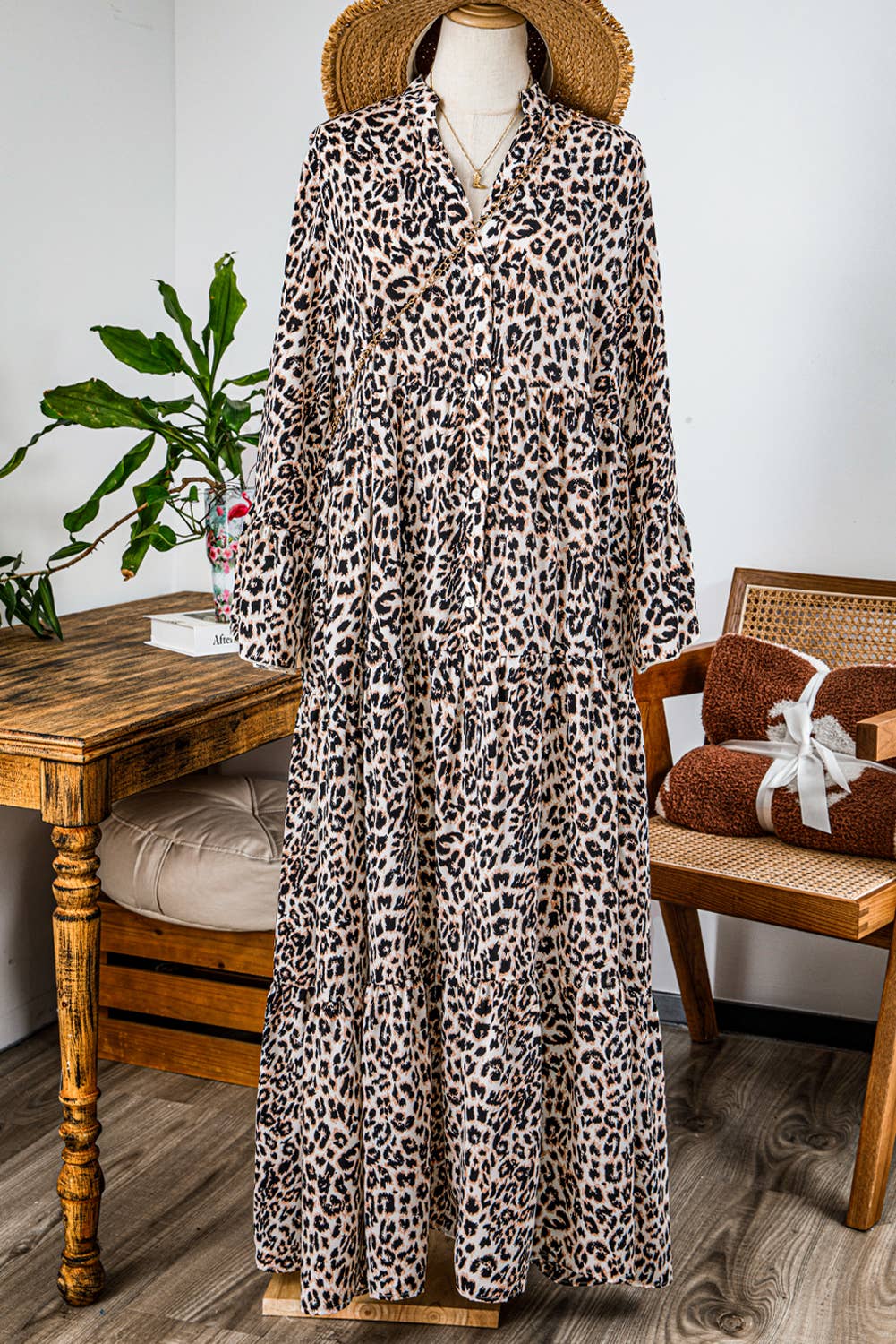 Fashion Western Leopard Tiered Wide Sleeve Maxi Dress