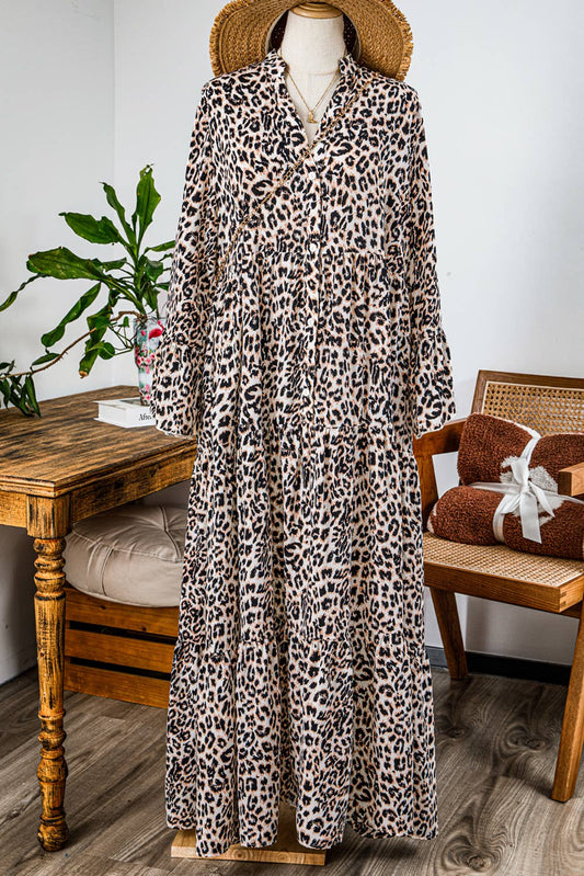 Fashion Western Leopard Tiered Wide Sleeve Maxi Dress