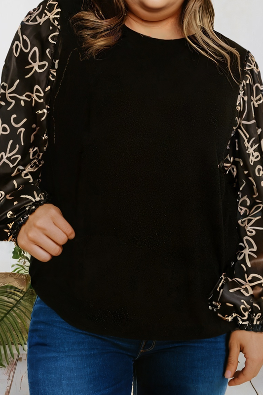 Bow Knot Patchwork Crewneck Plus Size Blouse