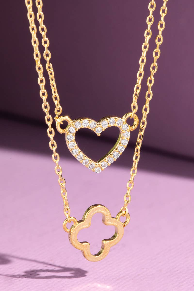 Brass Heart and Clover Layered Pendant Necklace