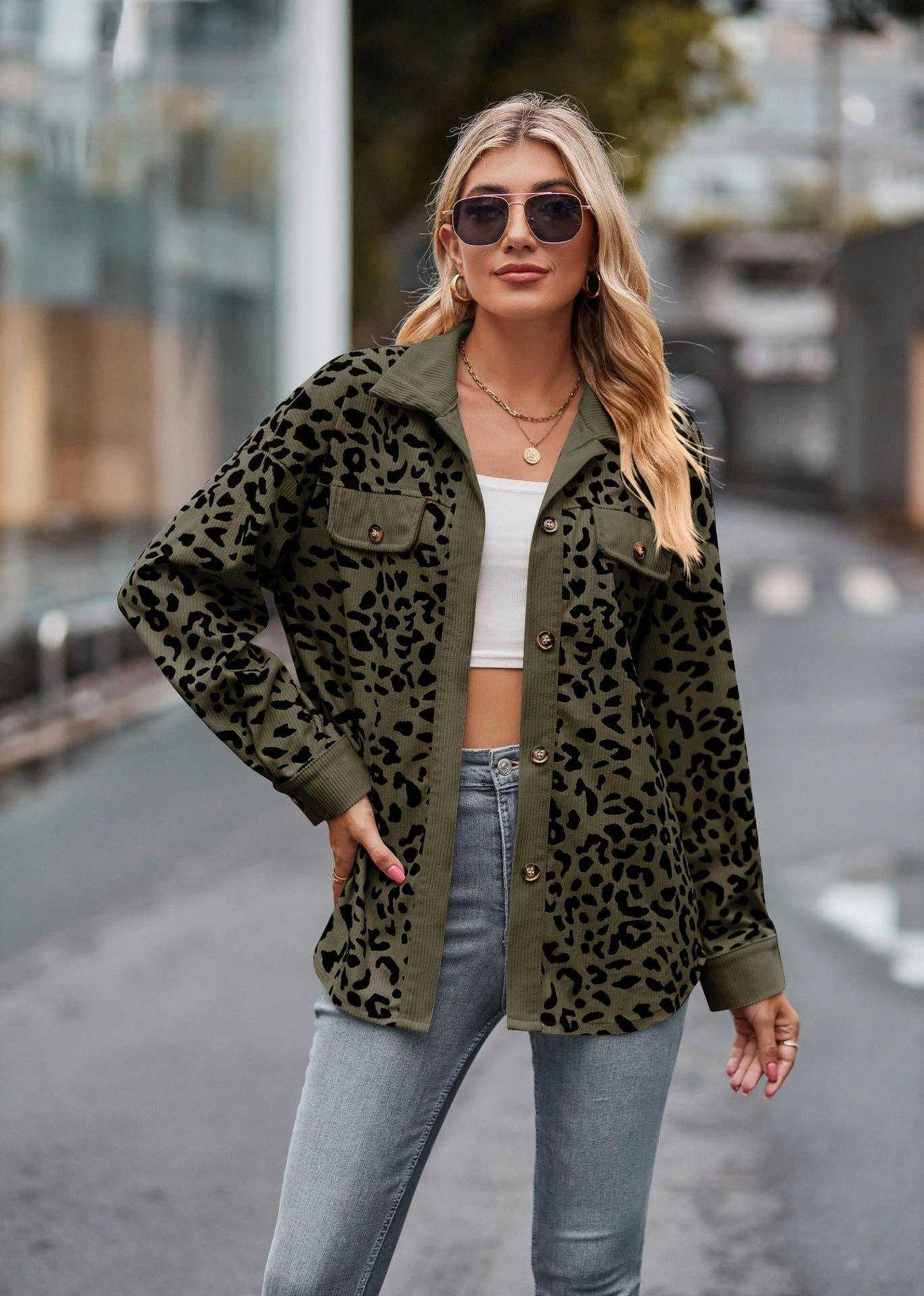 Leopard Corduroy Shirt Jacket - Button Down Oversized Fit