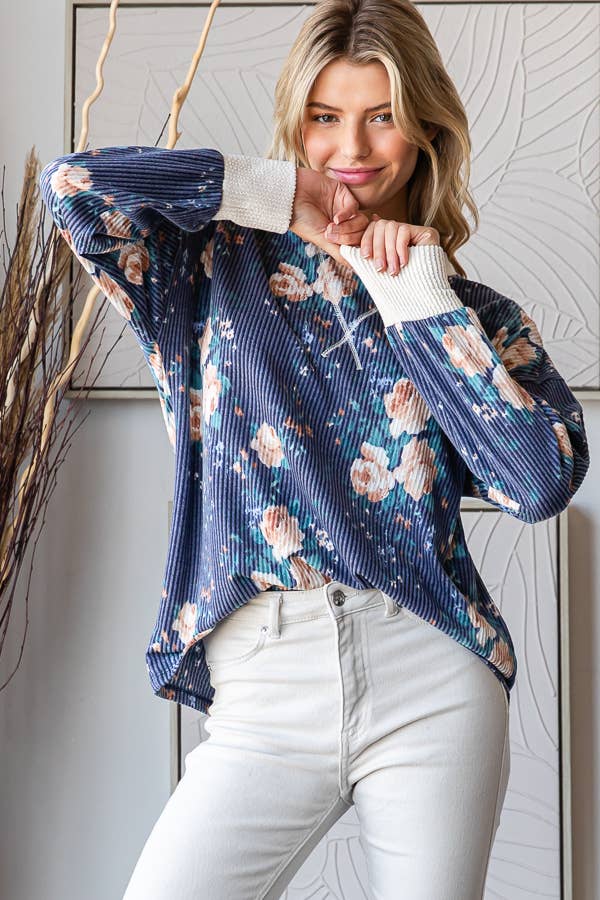 Cozy Floral Rib Drop Shoulder V-Stitch Pullover Top T5699
