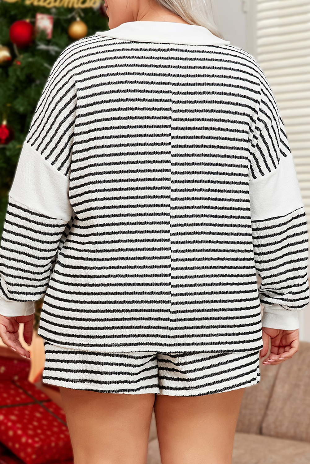 Plus Size Stripe Collared V Neck Long Top and Shorts Set