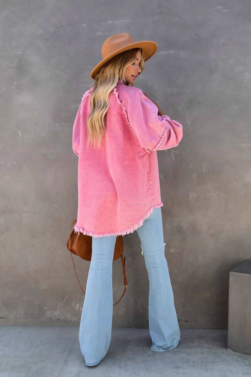 Loose raw edge patchwork pocket denim shirt jacket