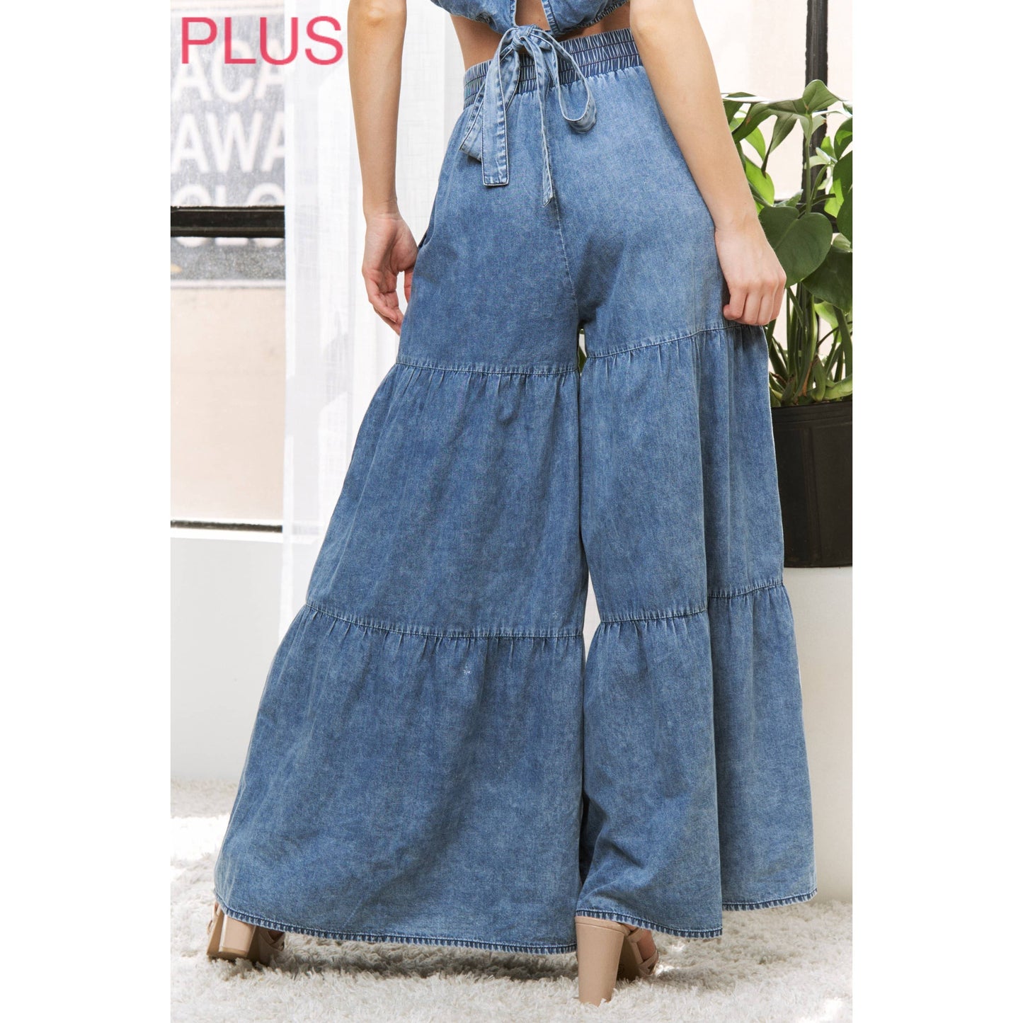 PLUS CHIC DENIM ELASTIC WAIST BAND WIDE LEG FLARED PANTS