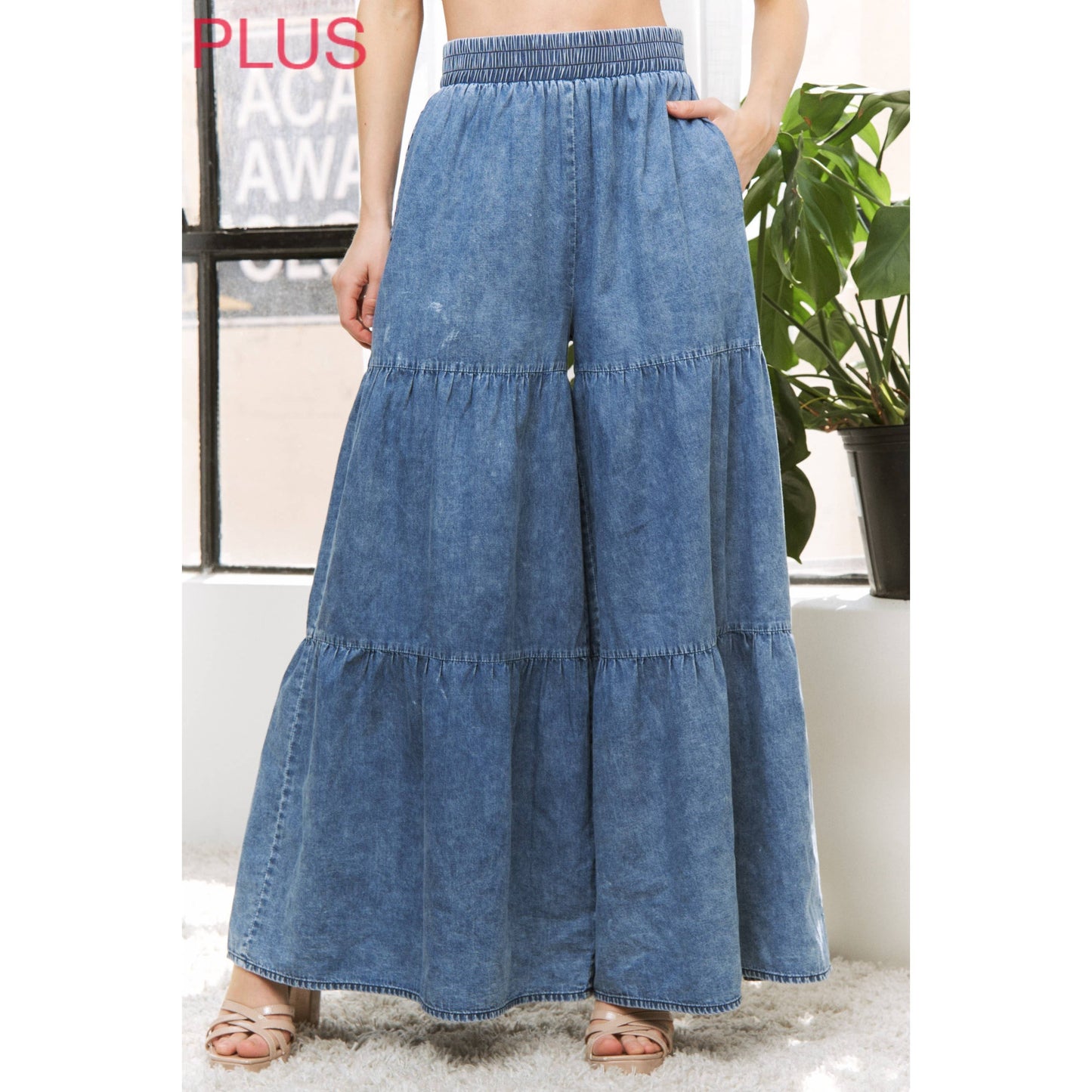PLUS CHIC DENIM ELASTIC WAIST BAND WIDE LEG FLARED PANTS