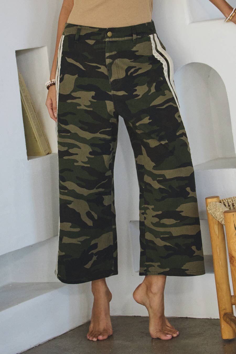 Camo Printed Washed Denim Cropped Pants