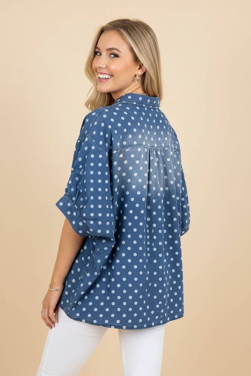 Polka Dot Button Front Denim Shirt