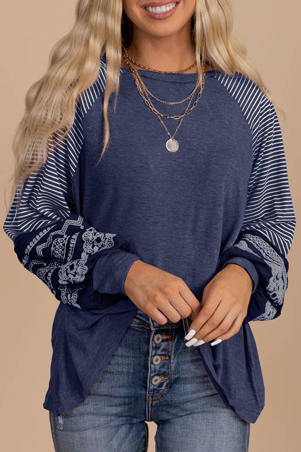Tillandsia Purple Contrast Print Striped Raglan Long Sleeve Loose Top
