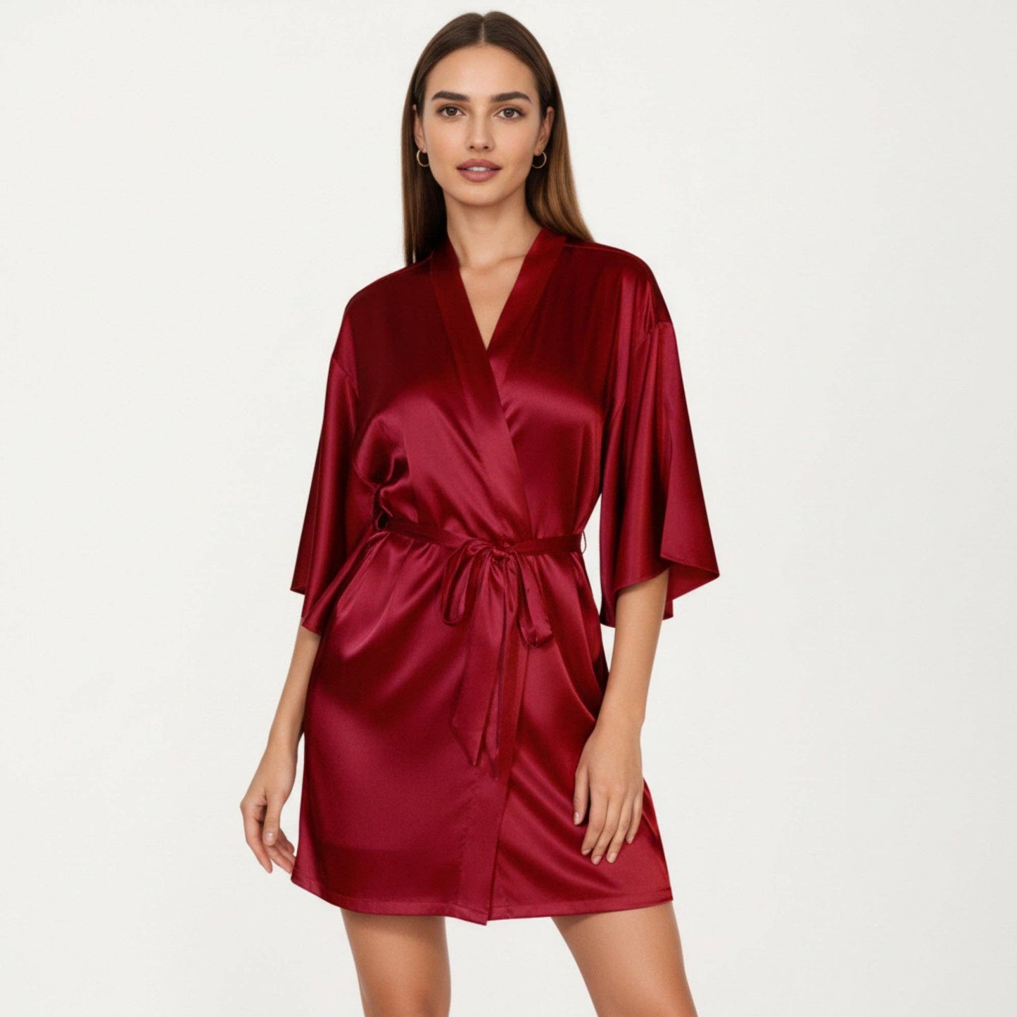 2-Piece Set Satin Slip Dress and Open Front Robe with Flowing Draped Sleeves and Lightweight Fabric