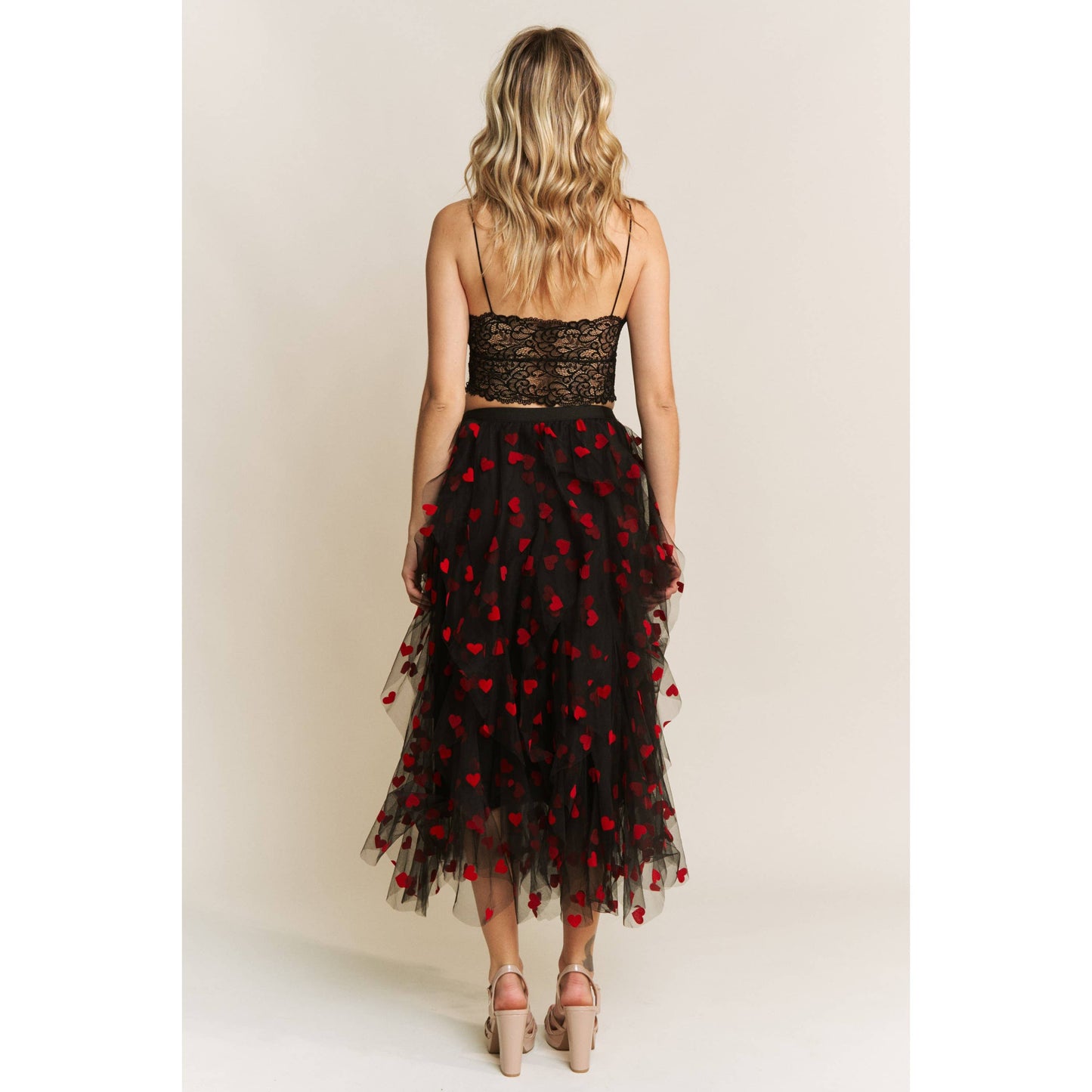 HEART VELVET FLOCKING MESH LAYERED MIDI SKIRT