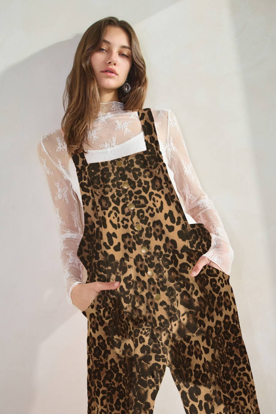 Acid Washed Leopard Printed Denim Jumpsuit