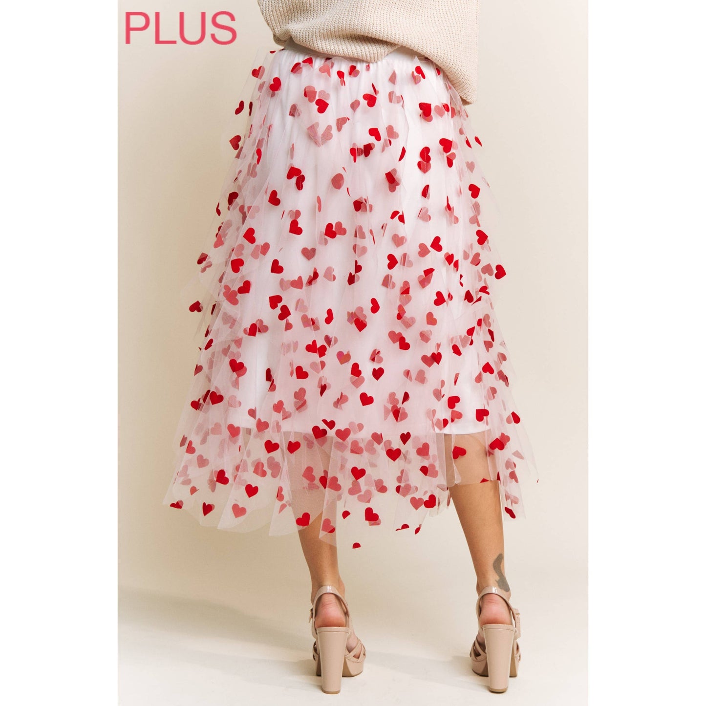 PLUS HEART VELVET FLOCKING MESH LAYERED MIDI SKIRT