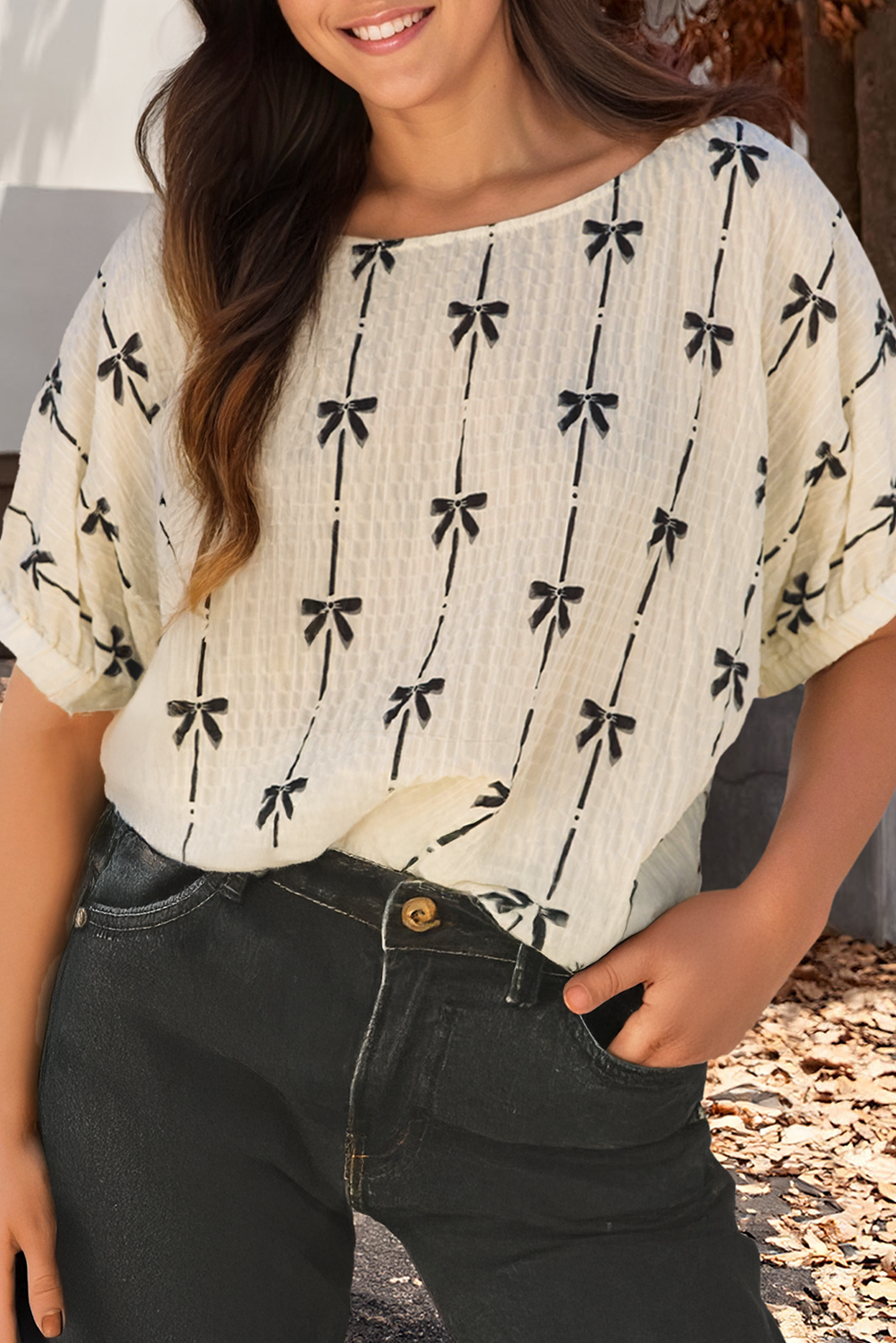 Bow Print Striped Round Neck Puff Short Sleeve Top (S-XL)