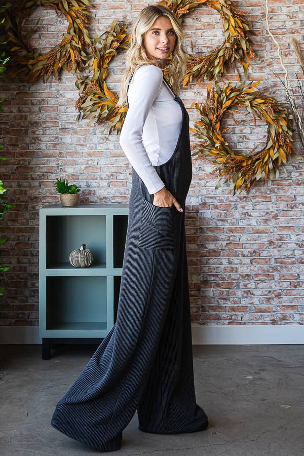 Rib Knit Wide Leg Adjustable Strap Overall Jumpsuit J5293