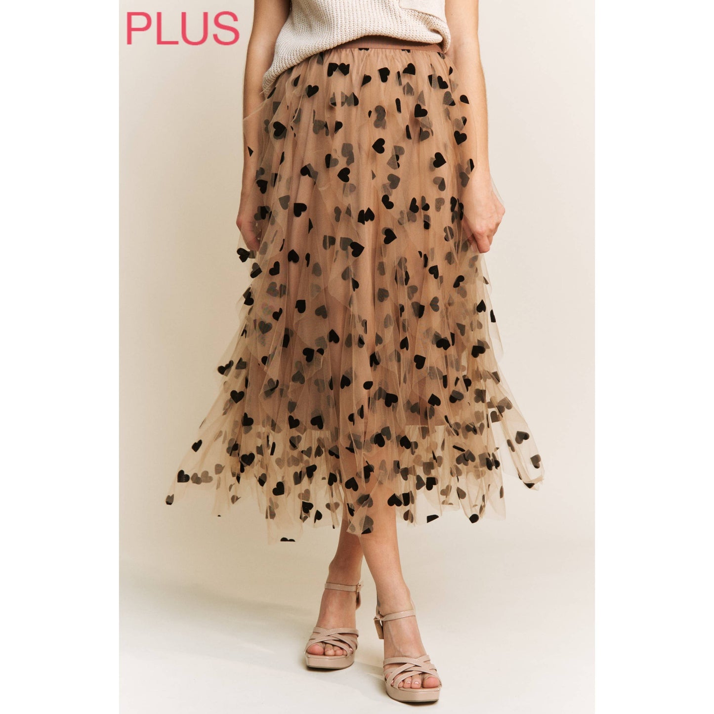PLUS HEART VELVET FLOCKING MESH LAYERED MIDI SKIRT