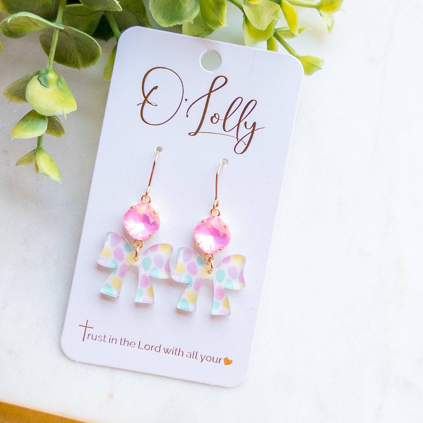 Pink Stone /Multicolored Acrylic Bow Dangle Earrings- Easter 10
