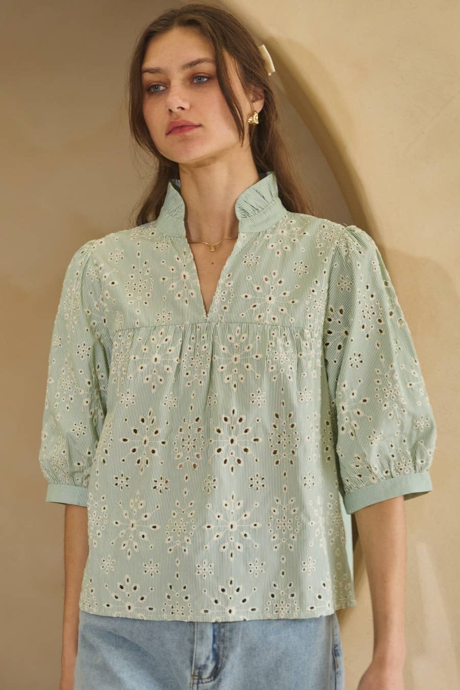 Embroidery Pin Striped Half Sleeve Top