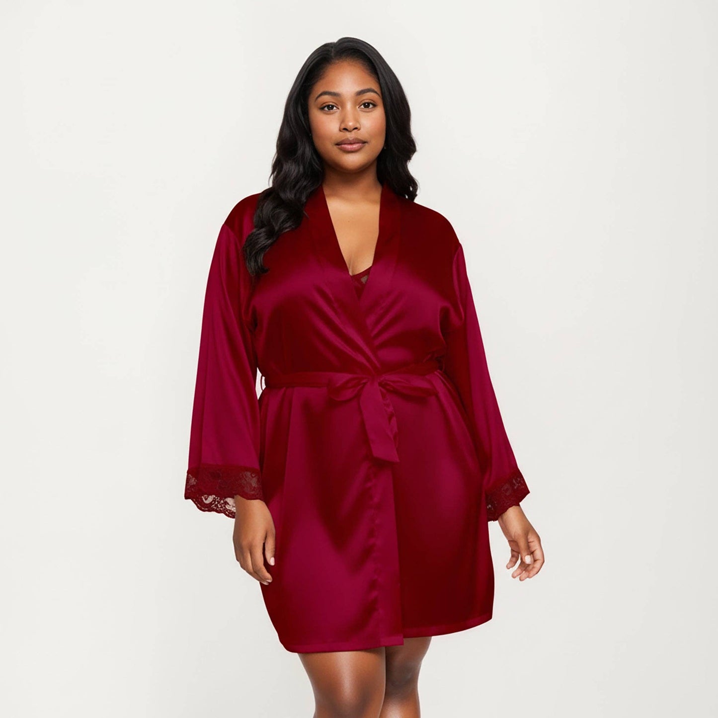 PLus Size Satin Robe and Slip Set with Soft Lace Trim on Sleeves and Delicate Sheen