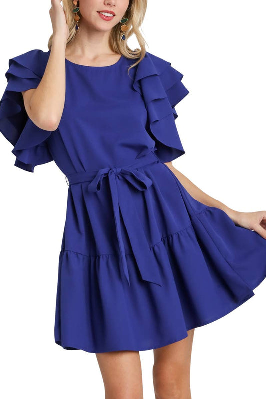 Round Neck A-Line Dress With Front Tie Belt