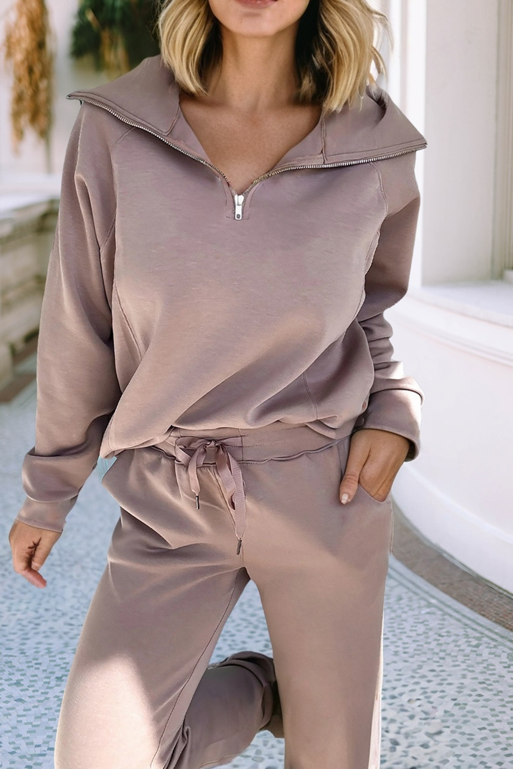 LDC Zip Collar Long Sleeve Top Drawstring Pants Set