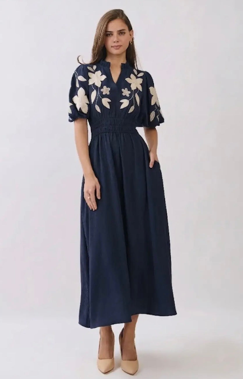 Embroidered Navy Midi Dress