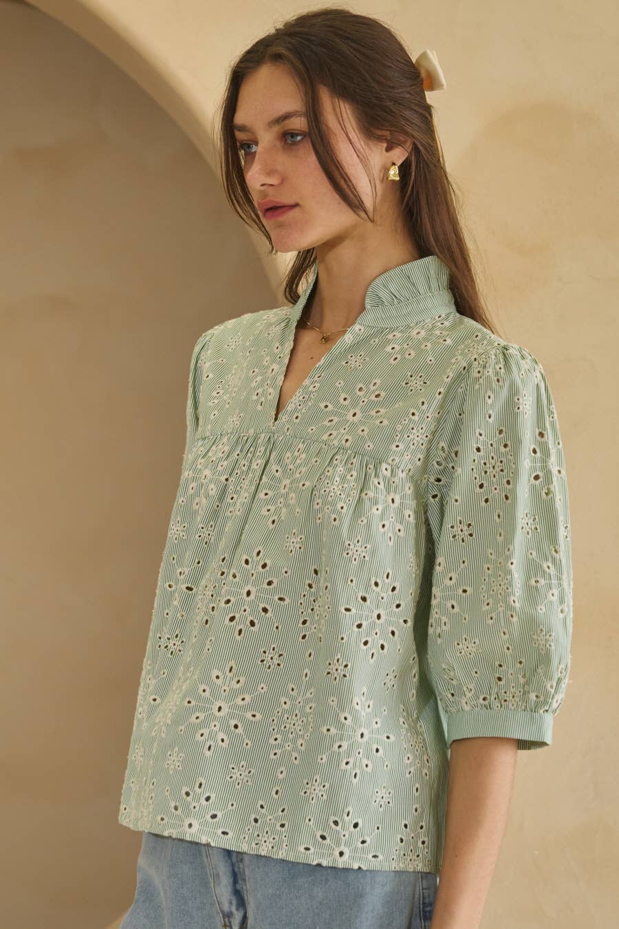 Embroidery Pin Striped Half Sleeve Top
