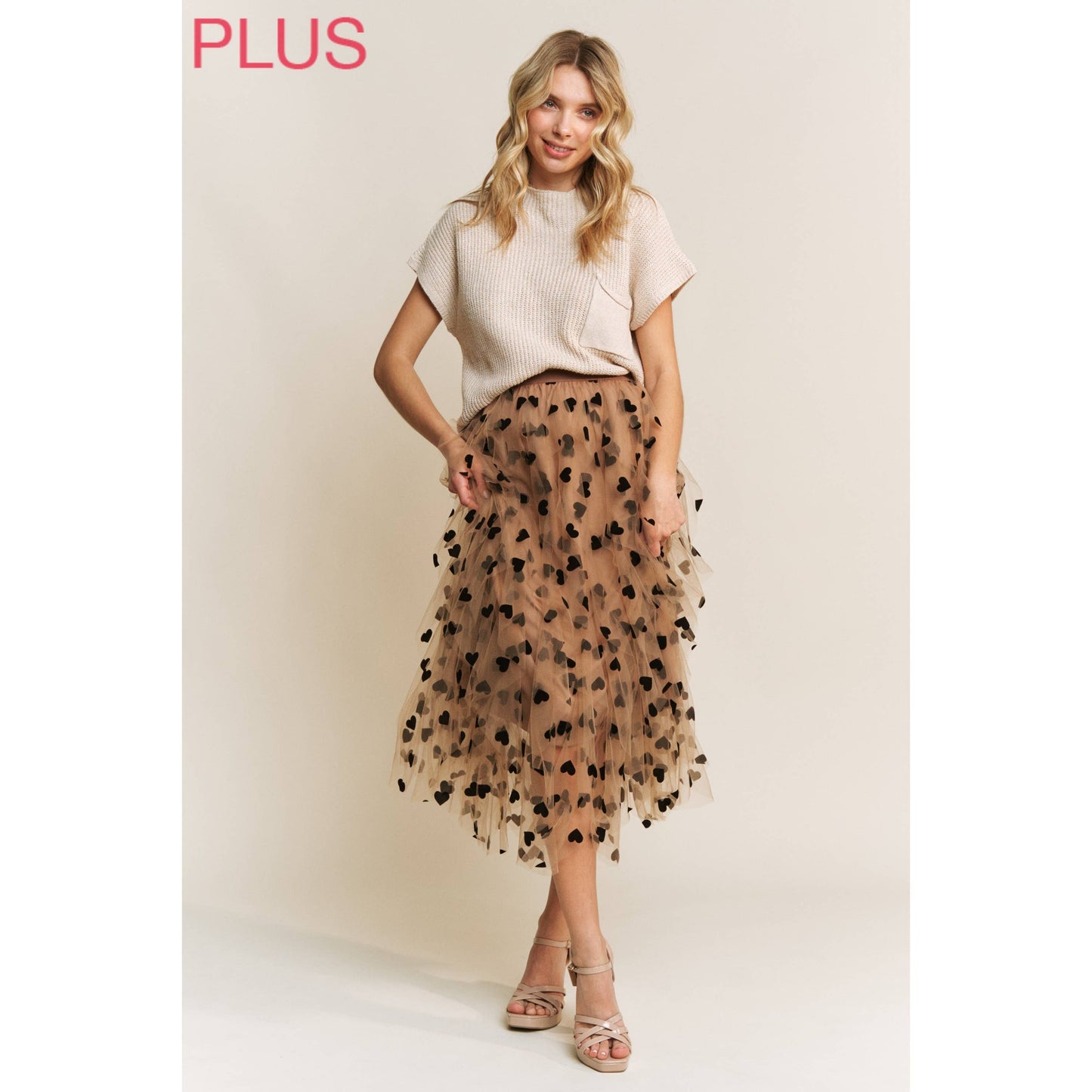 PLUS HEART VELVET FLOCKING MESH LAYERED MIDI SKIRT