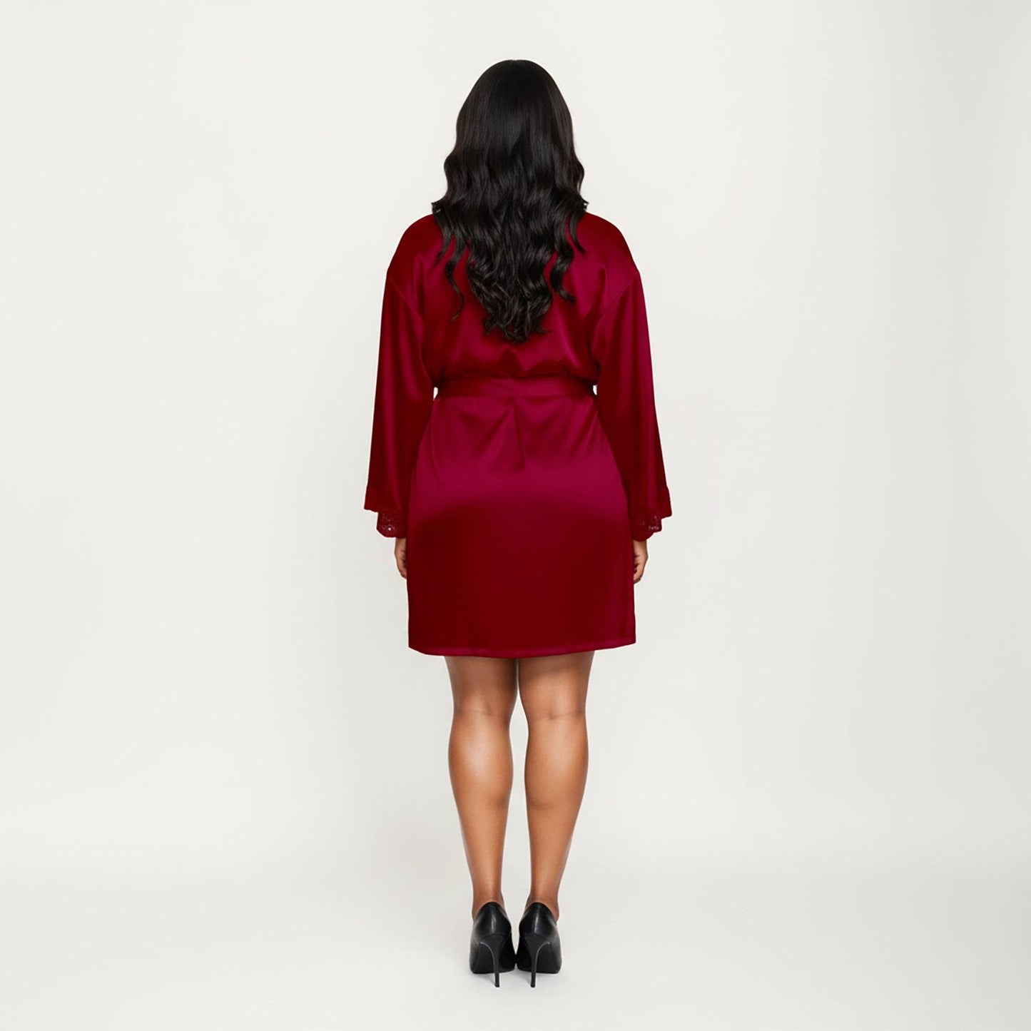 PLus Size Satin Robe and Slip Set with Soft Lace Trim on Sleeves and Delicate Sheen