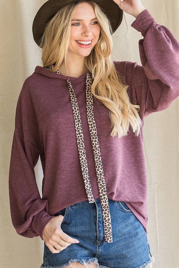 Leopard Drawstring Balloon Sleeves Pullover Hoodie T3716