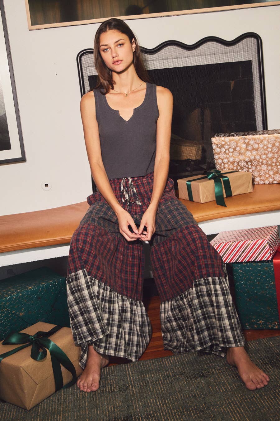 Plus plaid acid wash pants