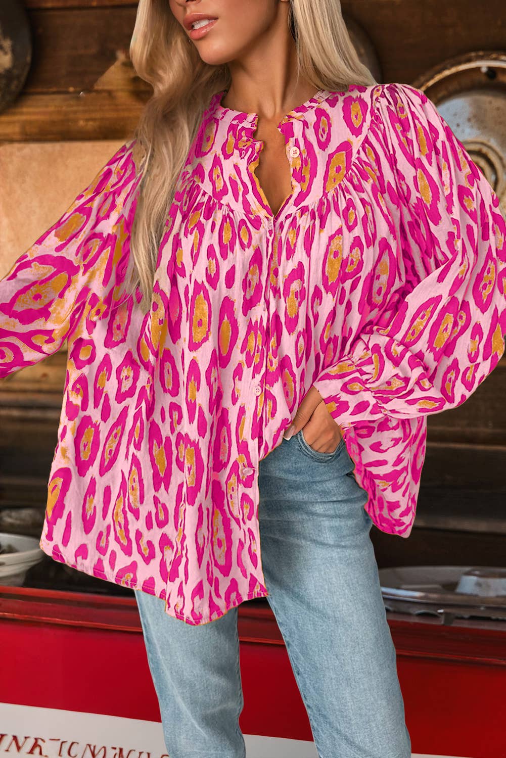 Western Oversized Leopard Print Balloon Sleeve Casual Shirt