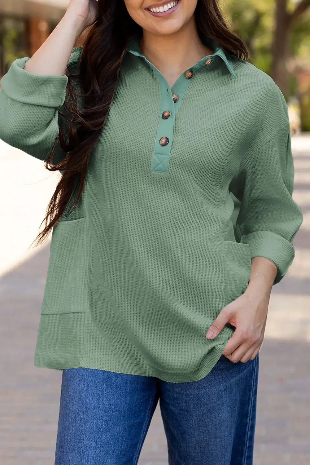 Plus Size Thermal Long Sleeve V Neck Knit Top (S-3X)