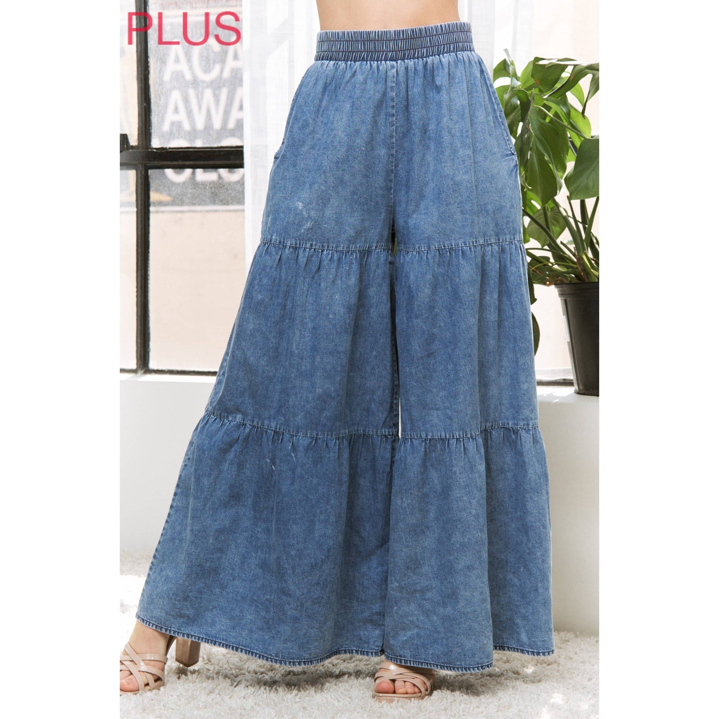 PLUS CHIC DENIM ELASTIC WAIST BAND WIDE LEG FLARED PANTS