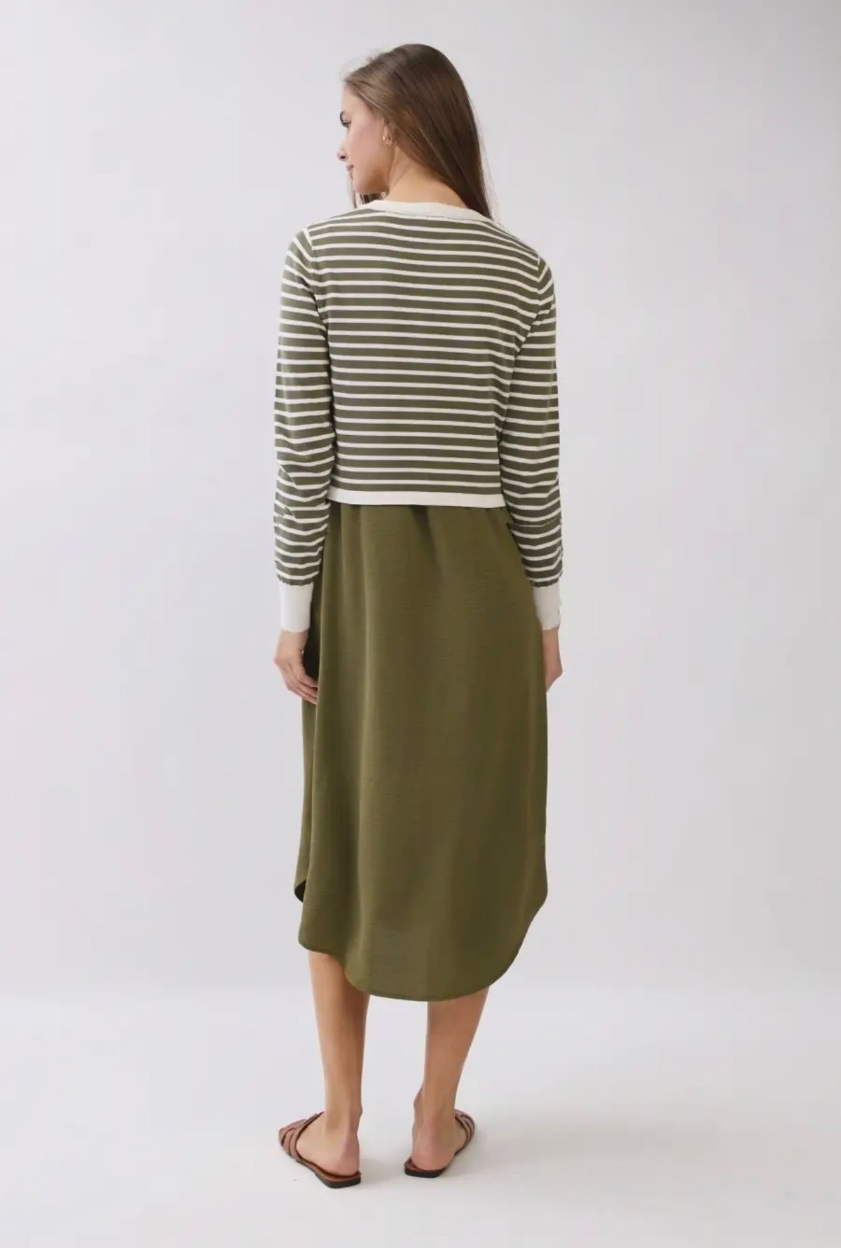 Stripe Long-Sleeve Midi Dress