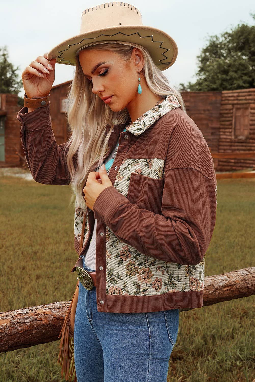 Fashion Rib Retro Floral Patchwork Shirt Style Jacket* S-4X