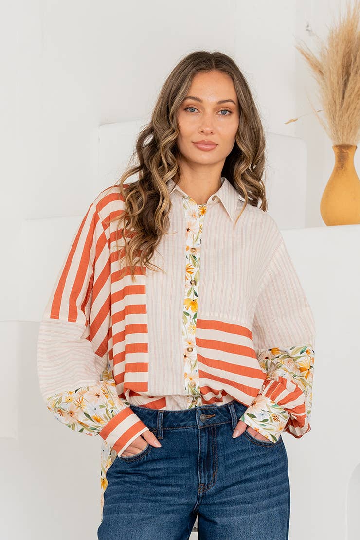 Relaxed Fit Mixed Print Button Down Shirt