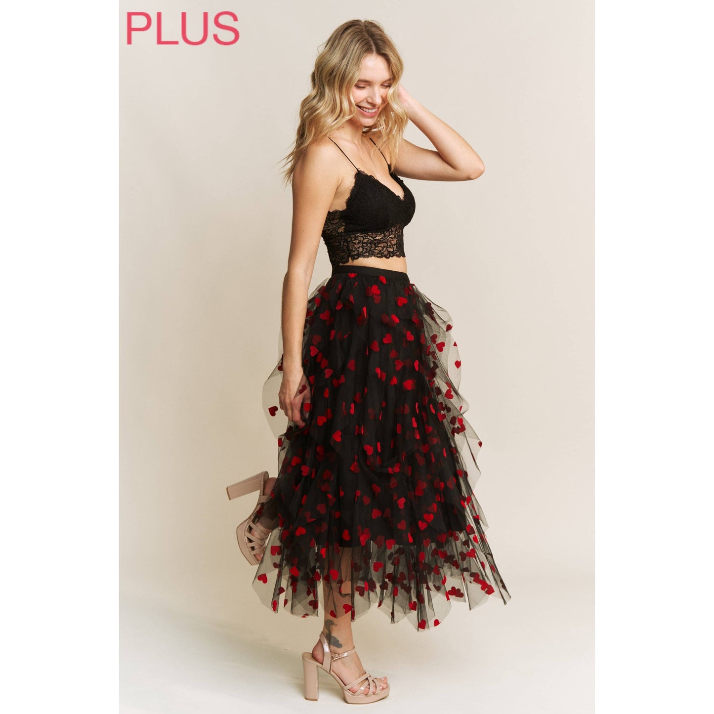 PLUS HEART VELVET FLOCKING MESH LAYERED MIDI SKIRT