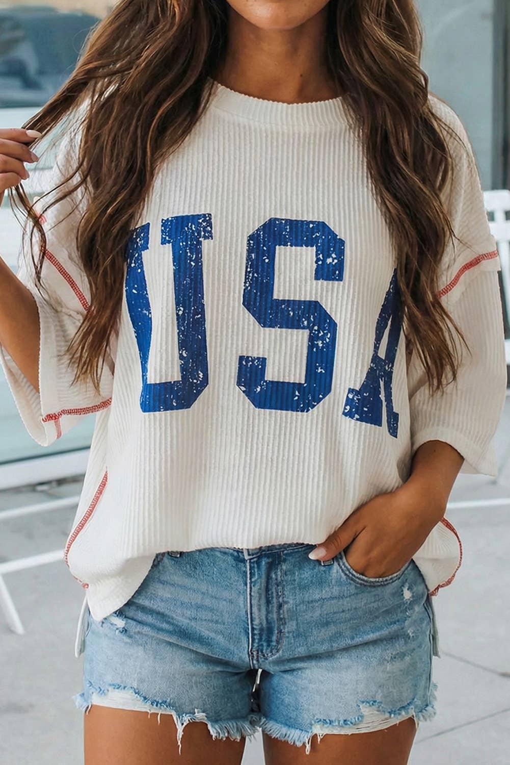 USA Graphic Half Sleeve Loose Ribbed Top