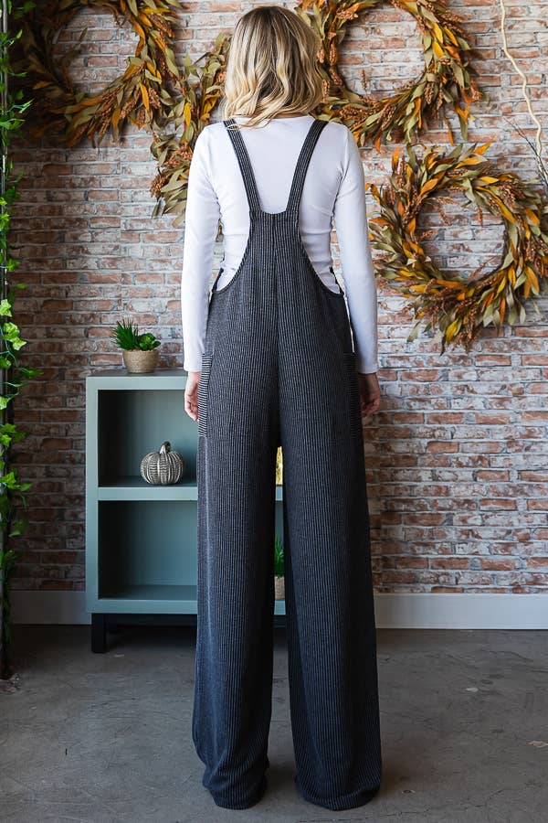 Rib Knit Wide Leg Adjustable Strap Overall Jumpsuit J5293