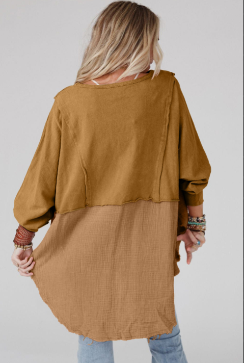 Crinkle Splicing Raw Hem High Low Oversized Blouse