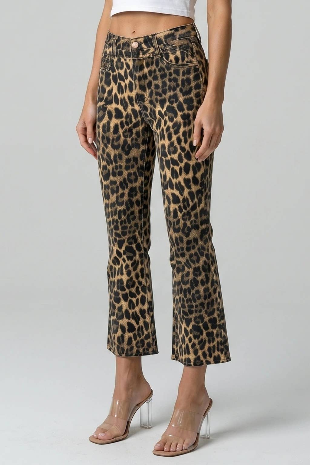 Leopard Mid Rise Yoke Kick Flare Pants